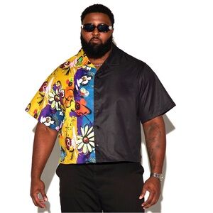 Nova Men Split Shirt XL Black Floral Print Cropped Snap Front Rare Streetwear